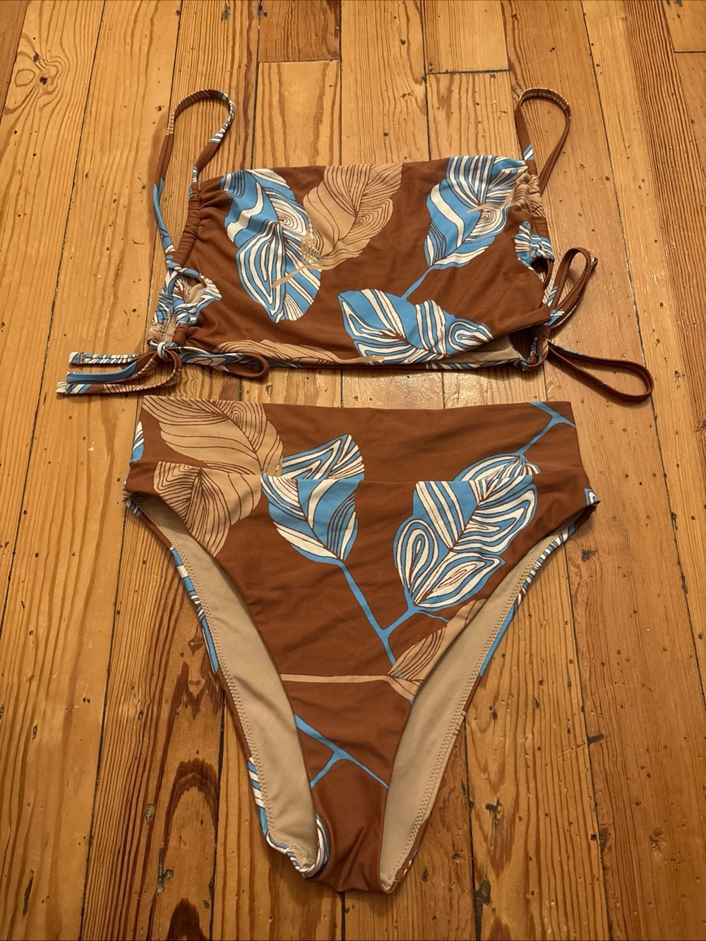 Aerie  High Cut Cheeky Bikini Bottom Size Large Brown And Blue